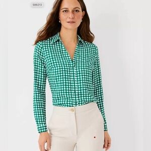 Ann Taylor Green and White Gingham Button-down Shirt Petite Small